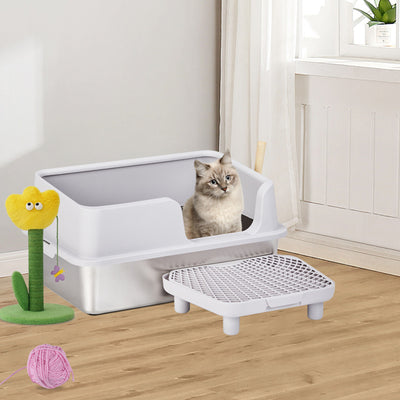 Cat Litter Box – Stainless Steel & Plastic with Spatula and Foot Pad