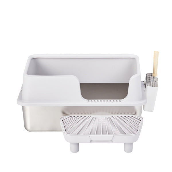 Cat Litter Box – Stainless Steel & Plastic with Spatula and Foot Pad