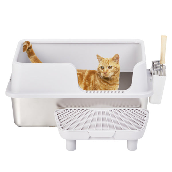 Cat Litter Box – Stainless Steel & Plastic with Spatula and Foot Pad