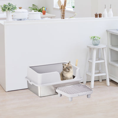 Cat Litter Box – Stainless Steel & Plastic with Spatula and Foot Pad