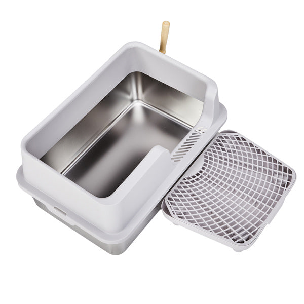 Cat Litter Box – Stainless Steel & Plastic with Spatula and Foot Pad