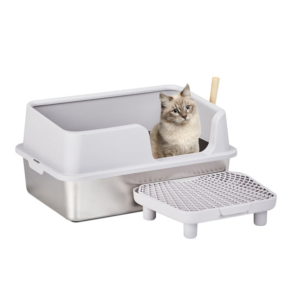 Cat Litter Box – Stainless Steel & Plastic with Spatula and Foot Pad