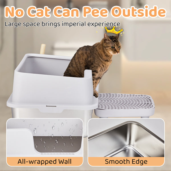 Cat Litter Box – Stainless Steel & Plastic with Spatula and Foot Pad